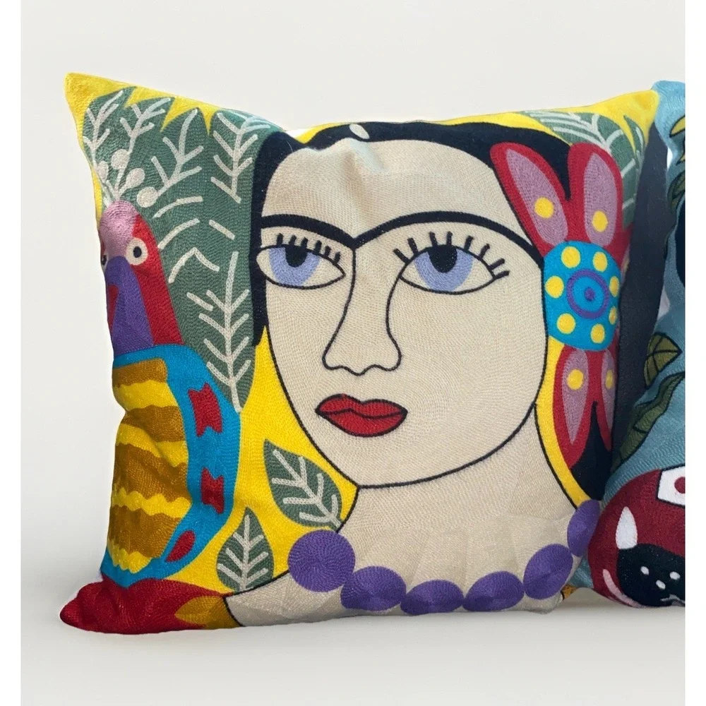 Set of 2 Frida Kahlo Embroidered Throw Pillow Down Feather 18 By 18 Pillows